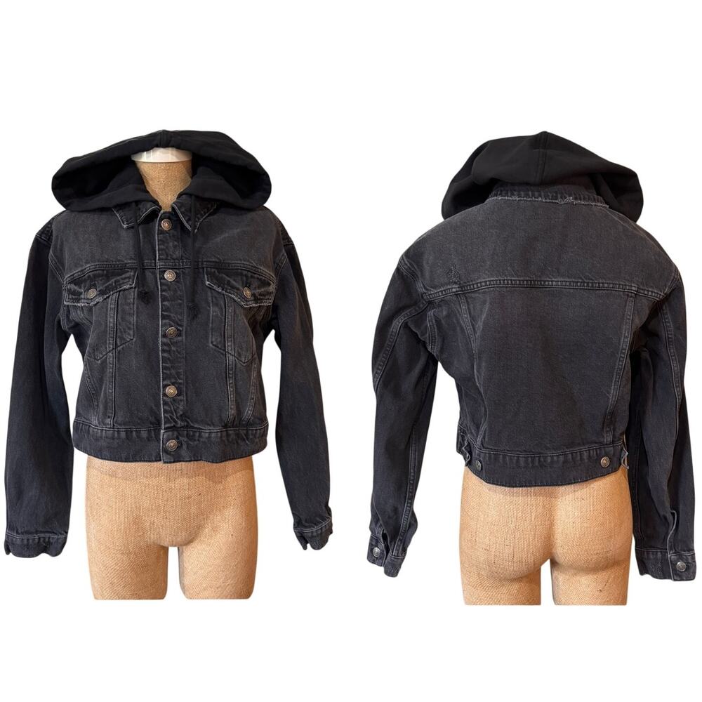 We the Free People Brando Denim Hoodie Jacket Black Wash Size Small Cropped - Picture 5 of 13